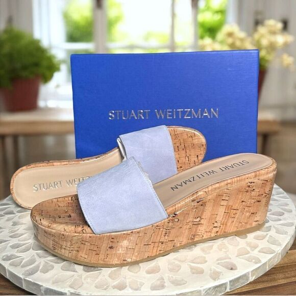 Stuart Weitzman $375 Summer Suede Leather Wedge Slide Sandals Cork Platform Slip - Picture 7 of 14